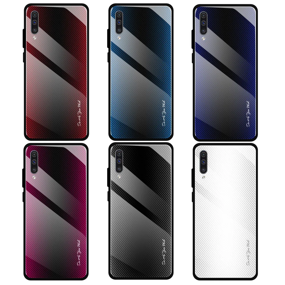 Чехол из углеродного волокна с градиентом и закаленным стеклом для Samsung Galaxy A50 A40