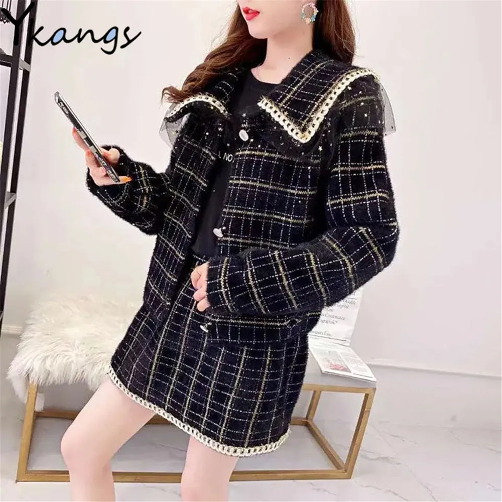 

Винтажный клетчатый вязаный кардиган из искусственной норки и бархата, комплект из 2 предметов, кружевной вязаный кардиган + эластичная мин...