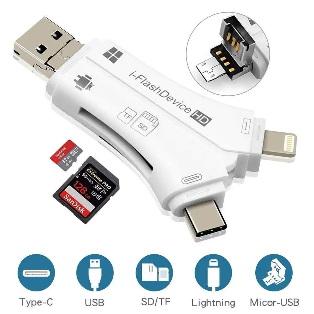 4 в 1 i флэш накопитель USB Type C Micro SD и TF кардридер адаптер для iPhone pro 11 X max 5 6 7 8 iPad Macbook