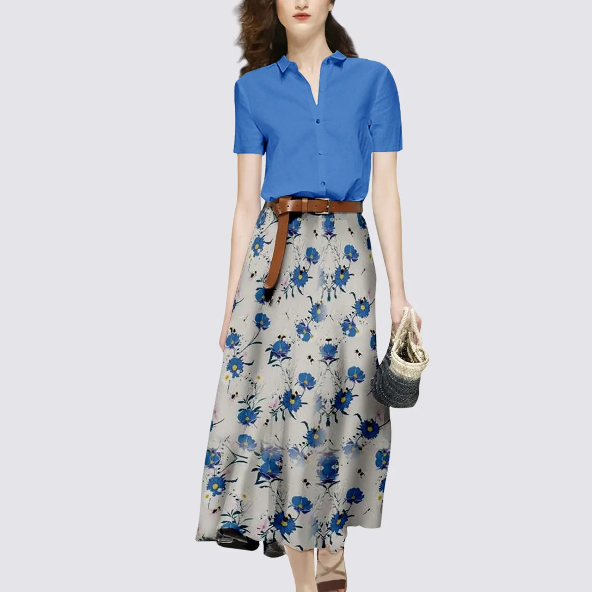 

Blue short-sleeved shirt print half-length skirt two-piece Royal sister style suit 2021 summer new women's clothing