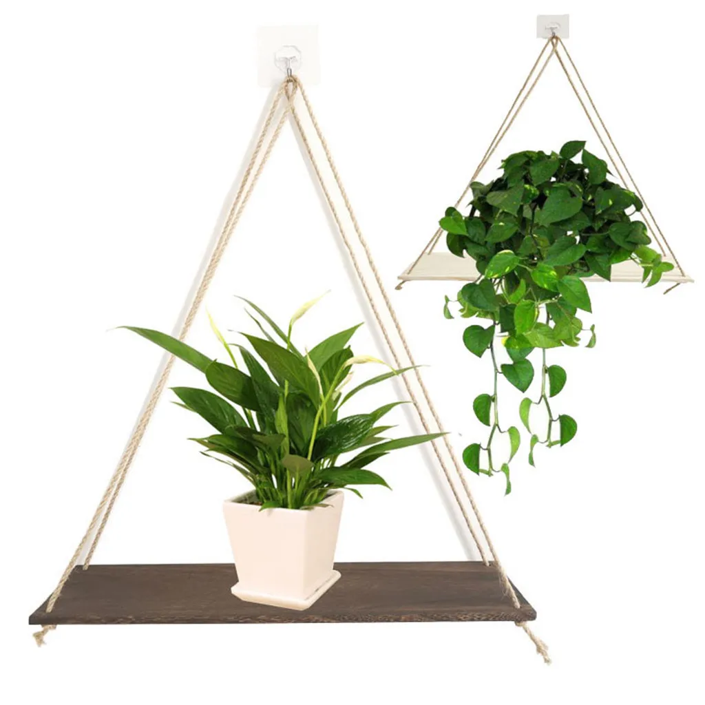 

30# Premium Wood Swing Hanging Rope Wall Mounted Floating Shelves Plant Flower Pot Wood Swing Hanging Floating Shelves