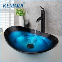 kemaidi new waterfall spout basin black tapbathroom sink washbasin tempered glass hand painted bath brass set faucet mixer taps