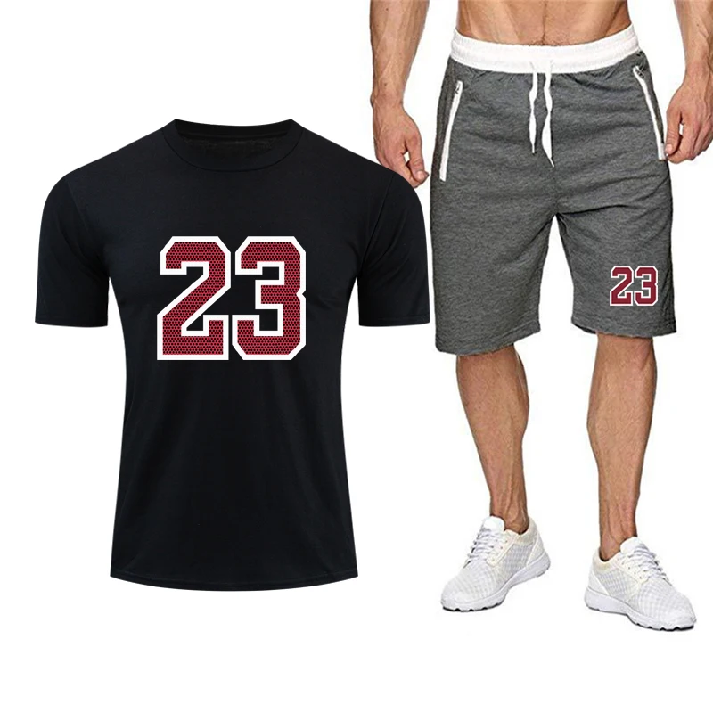 

2021 New Brand No.23 Men's Sports T-shirt + Shorts 2Pcs Sets of Running and Fitness Sportswear Summer Casual Sport Clothes