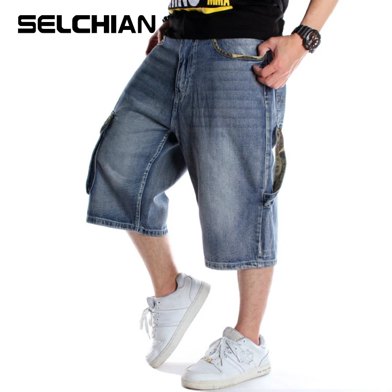 

Mens Plus Size Loose Baggy Denim Short Men Jeans Fashion Streetwear Hip Hop Long 3/4 Capri Cargo Shorts Pocket Bermuda Male Blue