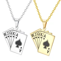 lucky poker flush pendant necklace for men male gold color stainless steel jewelry casino fortune playing cards