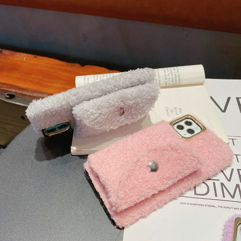

Fashion Cute Fluffy Fur Card Bag Purse Plush Phone Case Cover For iPhone 12 Mini 11 Pro XS Max XR X 8 7 Plus SE Winter Warm Case