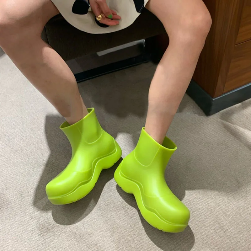 

comemore New Thick Sole Rain Boots Women Round Toe Rubber Waterproof Ankle Botas Female Autumn Sweety Colors Short Boots Shoes