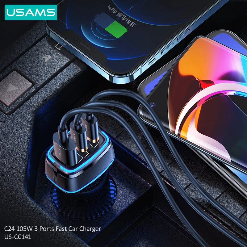 usams 105w 3 usb ports pd qc 3 0 fast charging car phone charger with led light for iphone xiaomi huawei laptops tablets charger free global shipping