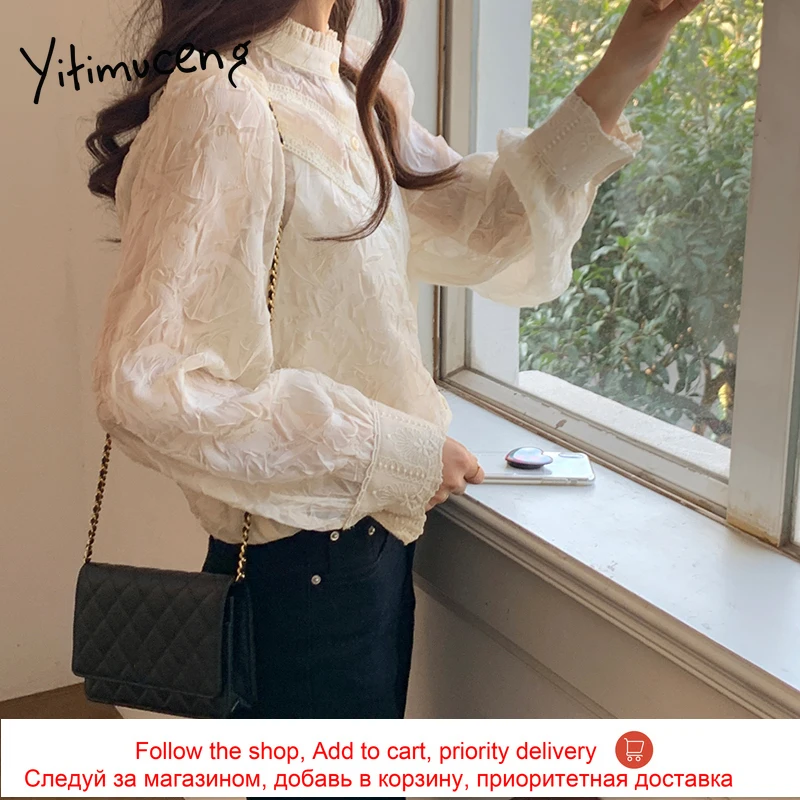 

Yitimuceng Fashion 2 Piece Blouse and Camis Women Lace Floral Long Sleeve Oversized Apricot Office Lady Shirt 2021 Summer New