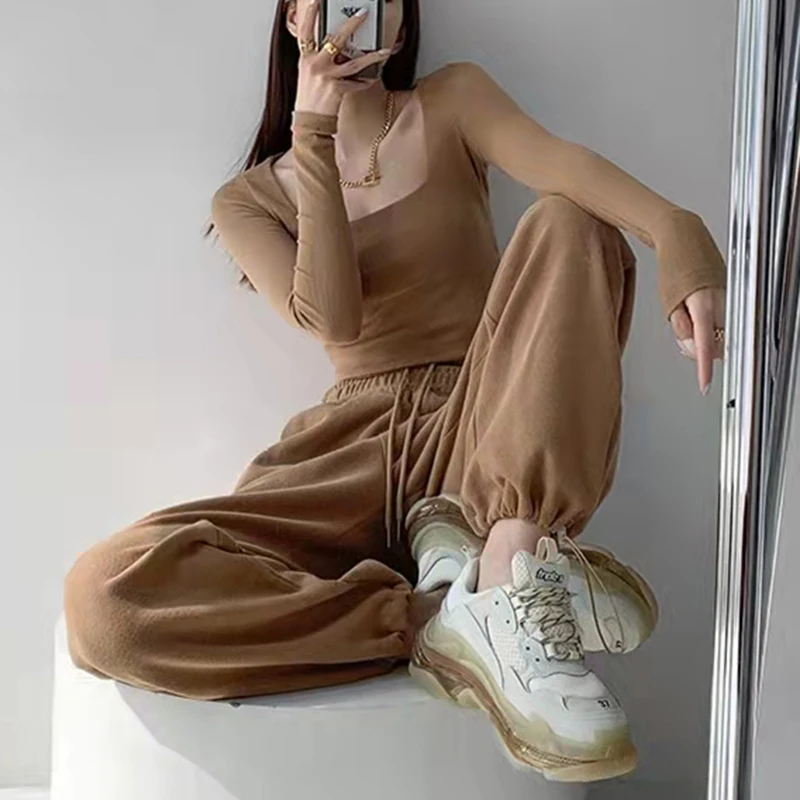 Женские спортивные брюки-шаровары с высокой талией и широкими штанинами для бега на весну и осень