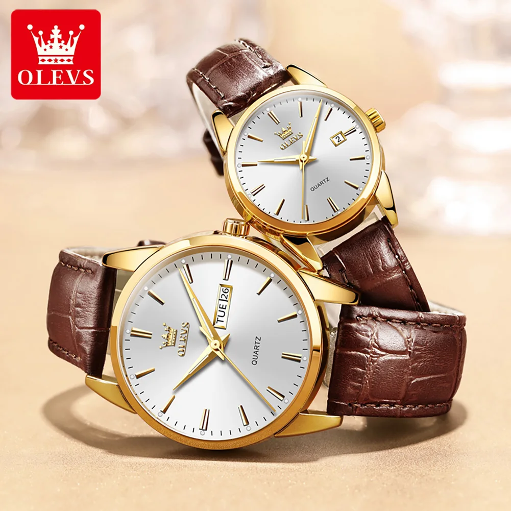 

OLEVS Lover Watches Top Brand Luxury Couple Quartz Watch Waterproof Leather Watch Strap Watch for Women and Men Couple Gift