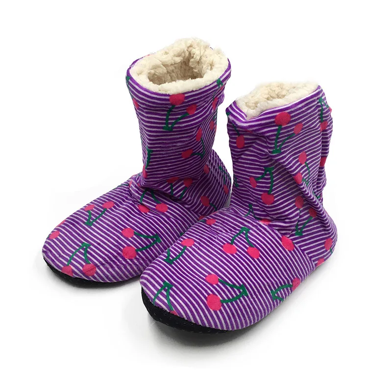 purple Зимние женские тапочки; плюшевые теплые хлопковые домашние тапочки; рождественские домашние носки; женская обувь с вишнями - Цвет: purple