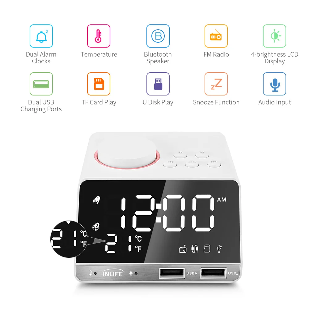Inlife K11 Многофункциональный Будильник динамик fm радио Bluetooth 4 2 с портами usb порты