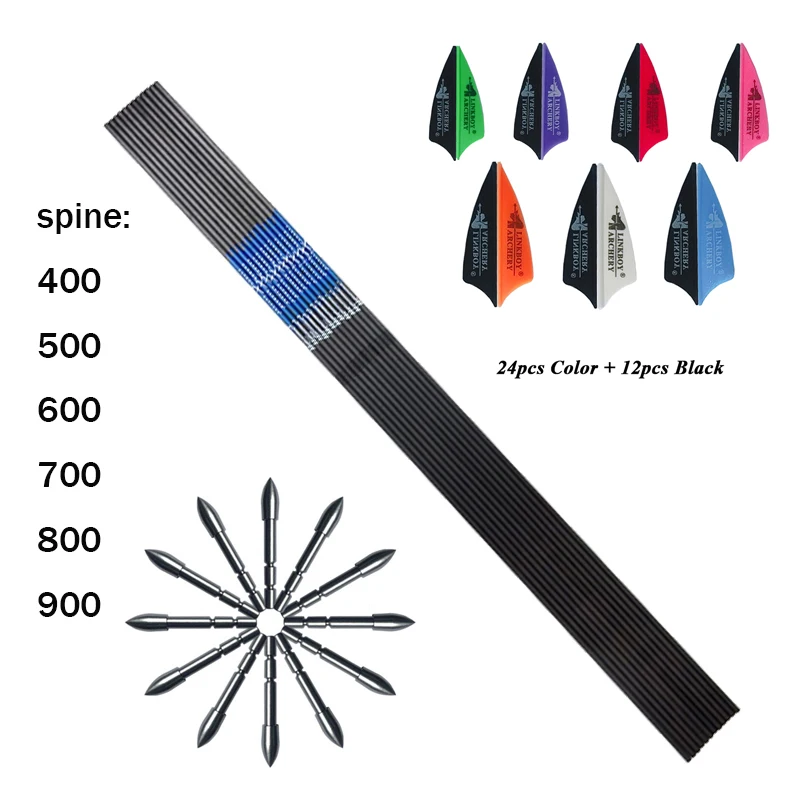 

12pcs Carbon Arrows Shaft ID4.2mm Spine 400-900 1.75inch Plastic Vanes 24pcs 80 Grain Points for Longow Shooting Hunting