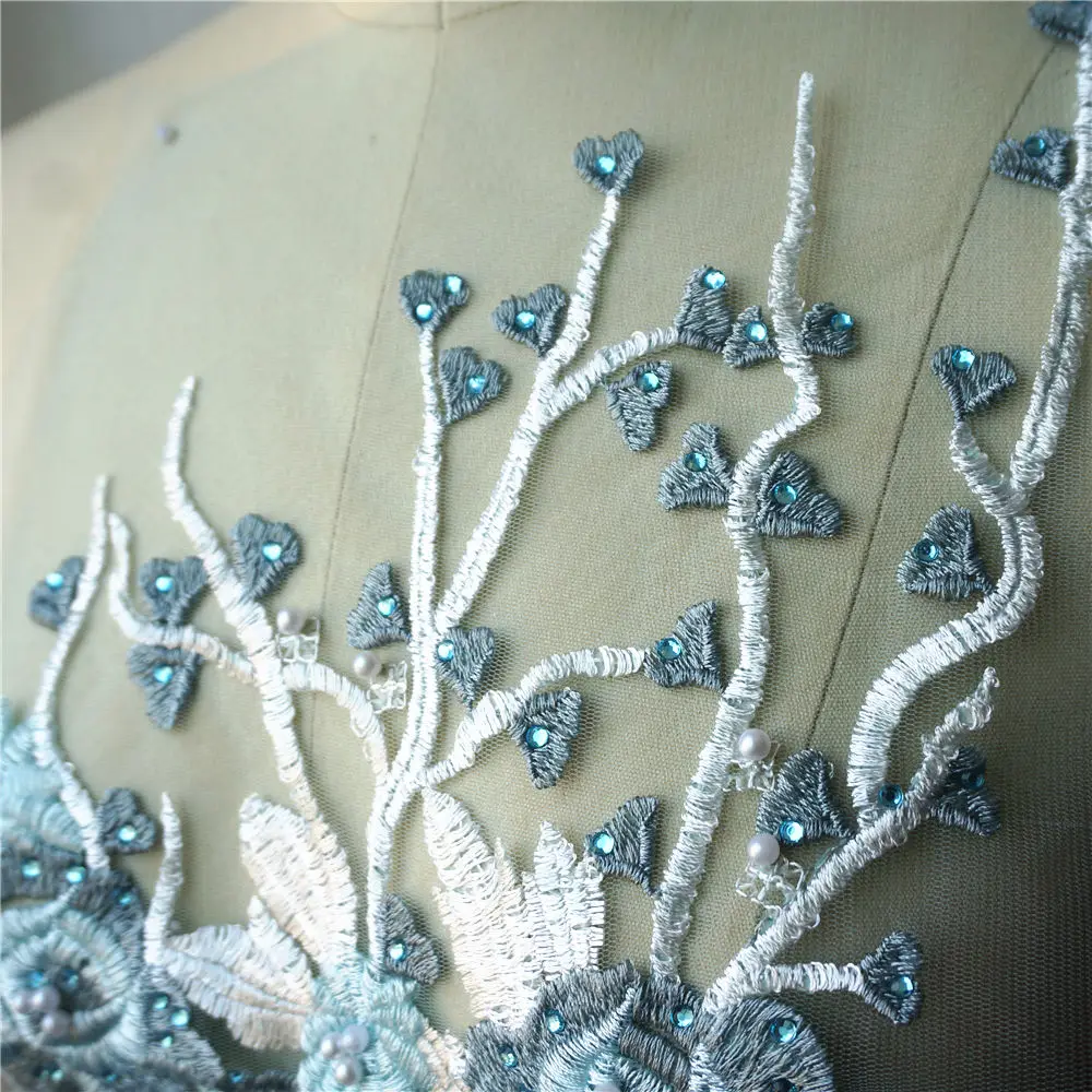 1 комплект 2 шт. кружевные аппликации с цветочной вышивкой бисером стразами