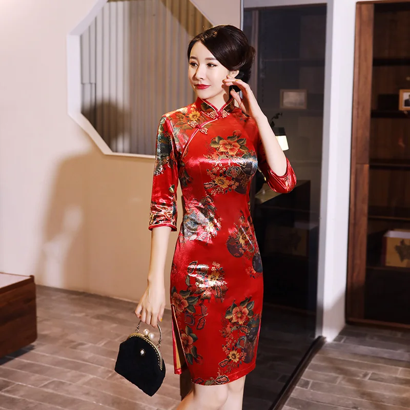

Velour Cheongsam Dress Printed High Quality Knee-length Qipao Chinese Dress Women Clothing Size M-4XL