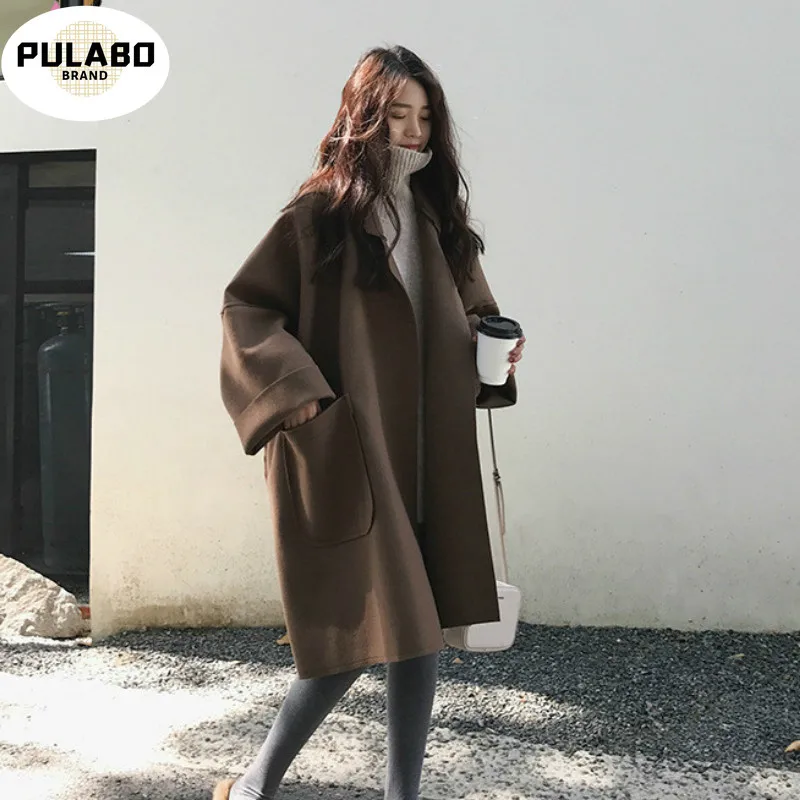 

Woolen Trench Coats Women Autumn Winter Thin Loose Double Breasted Female Casual Overcoat Warm Woolen Long Outerwear