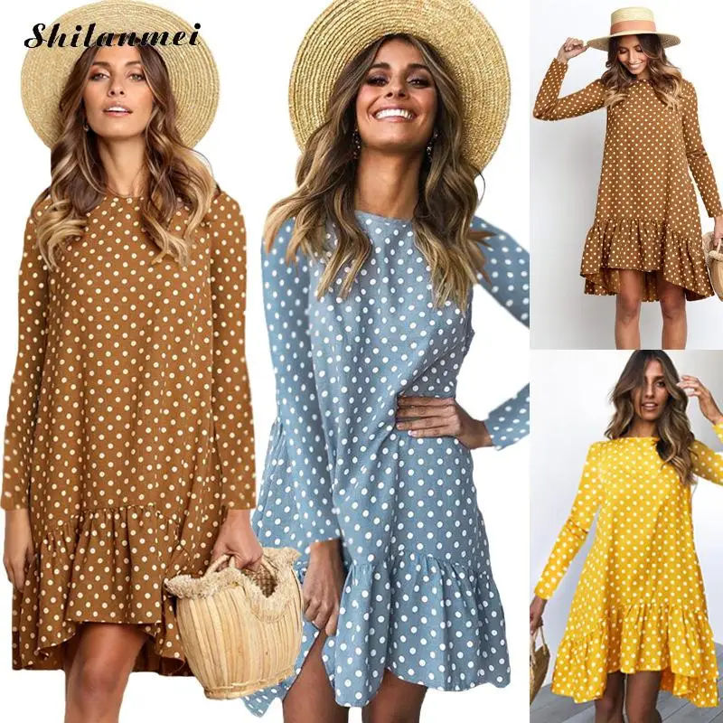 

Polka Dot A-Line Dress Women 2019 Autumn Ruffles Casual Dresses Long Sleeve Loose Short Dress Ladies Elegant Plus Size Dress