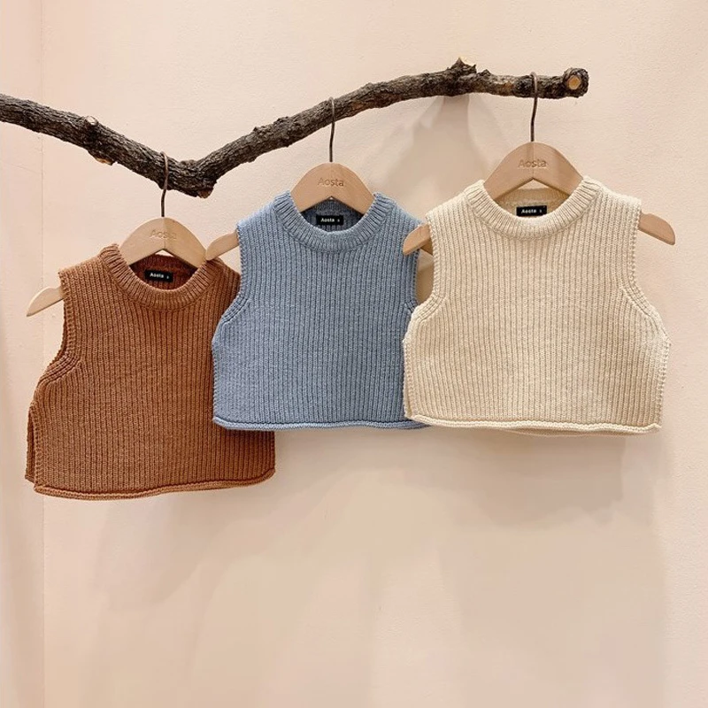 Корейский и японский стиль Осенний вязаный жилет для маленьких девочек