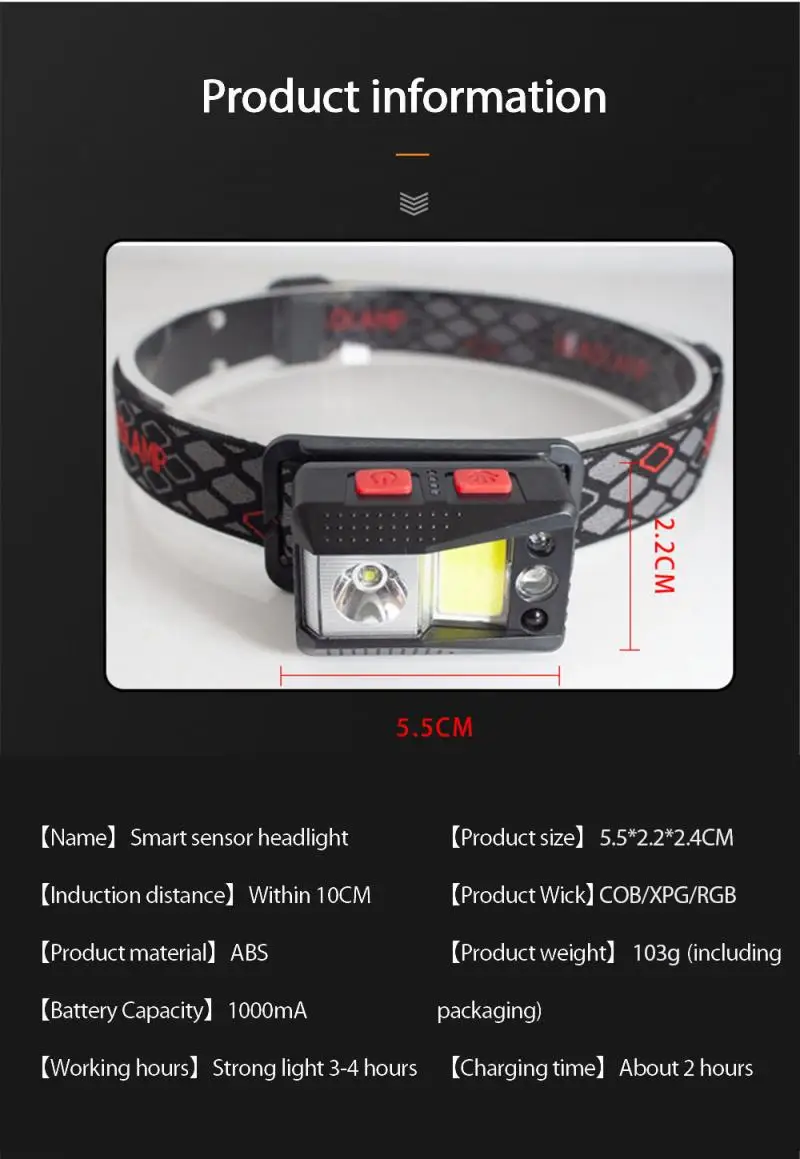 

Strong Outdoor Headlight Lighting Far And Near Battery Display USB Charging Induction Night Running Mini Fishing Tools