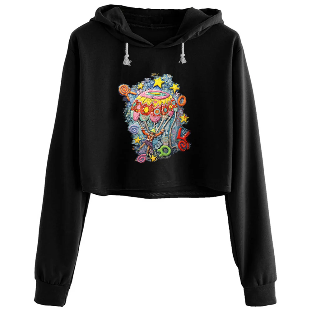 

Trippy Parachute Print Crop Hoodies Women Goth Grunge Harajuku Anime Pullover For Girls