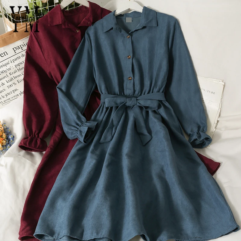 

YornMona 2021 Autumn Long Sleeve Shirt Dress Vintage Corduroy Lace-up Loose A-line Short Dress Casual Black Midi Woman Dress