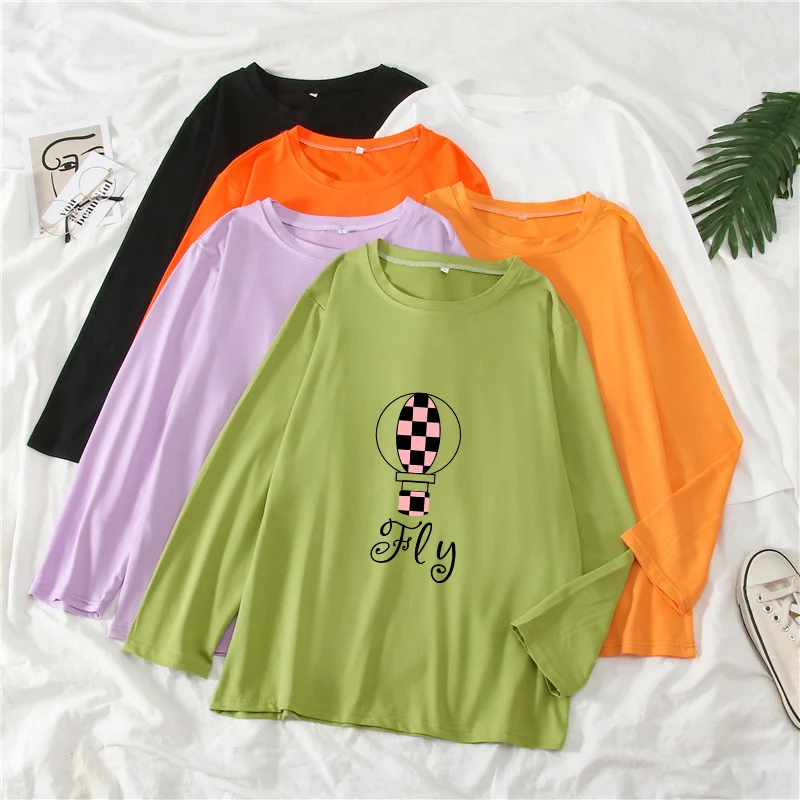 

New Design Women's Letter Fly Print T-shirt Long Sleeve O-neck Tops Female 2021 Summer Casual Ladies TShirt Girls Student School