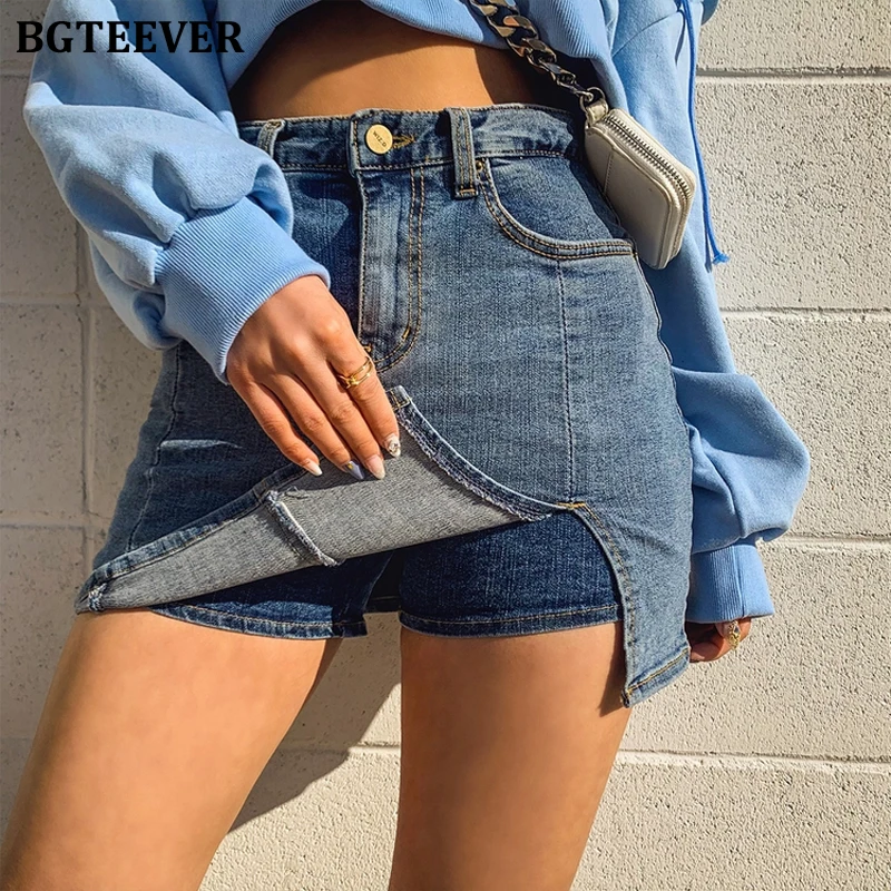 Юбка BGTEEVER женская джинсовая с завышенной талией разрезом по бокам шикарная