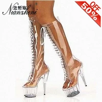 6 inches rransparent thigh high boots high heels stripper heels pole dance shoes sxey show models platform boots crystal lace up
