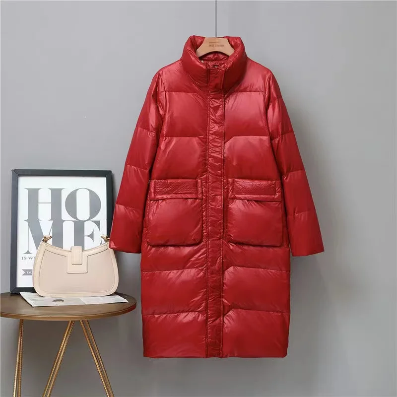 New Winter Stand Collar Long Feather Jacket Women 90% White Duck Down Coat Casual Loose Parker Snow Fluffy Warm Outwear s1349