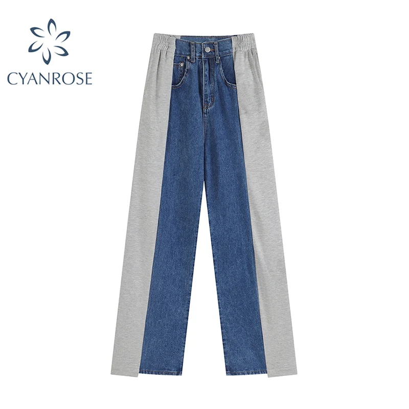 

Women's Patchwork Jeans Loose Casual Trendy High Street Vintage Wide Leg Pants Female Harajuku Oversized High Waist Trousers New
