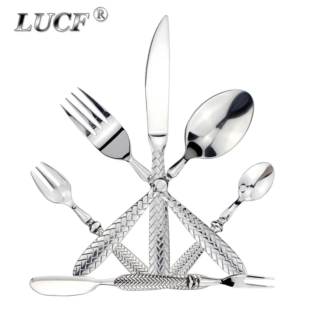 

LUCF Royal Luxury woven pattern handle Stainless Steel Western Dinnerware elegant Cutlery delicate tableware for kitchen hotel