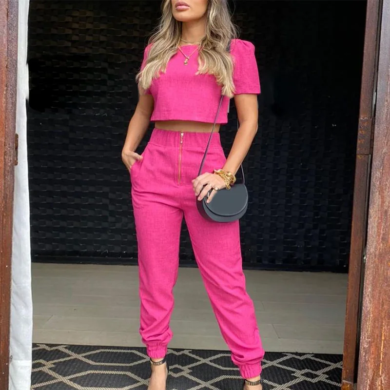 

Slim Trousers Elegant Casual Suit Office Lady 2 Pieces Set Summer Fashion Women's Suit Short Sleeve Puff Top Sleeve High Waist