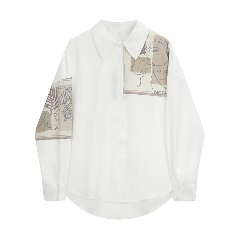 

Print Blouses Patchwork Long Sleeve Blouse Women 2022 Summer Button Up Collar White Shirt Tops And Bloues Aesthetic Clothes