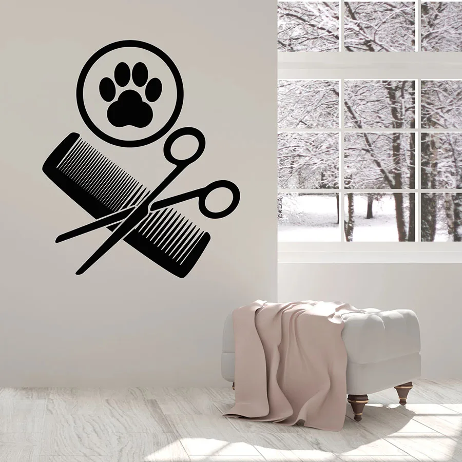 

Wall Decal Grooming Scissors Comb Paw Pets Shop Nursery Interior Decoration Door Window Vinyl Stickers Creative Art Mural Q179