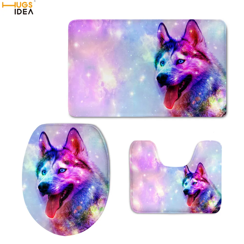 

HUGSIDEA Coloured 3D Dog Husky Print Home Bathroom Decor Toilet Lid Cover Pedestal Mat Commode Seat Pad Flannel Carpets Non-slip