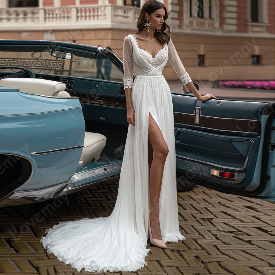 

Chiffon Beach Wedding Dresses 2021 with Long Sleeves A Line Bridal Gown Bohemian Vestidos De Novia Formal Boho Bride Dresses