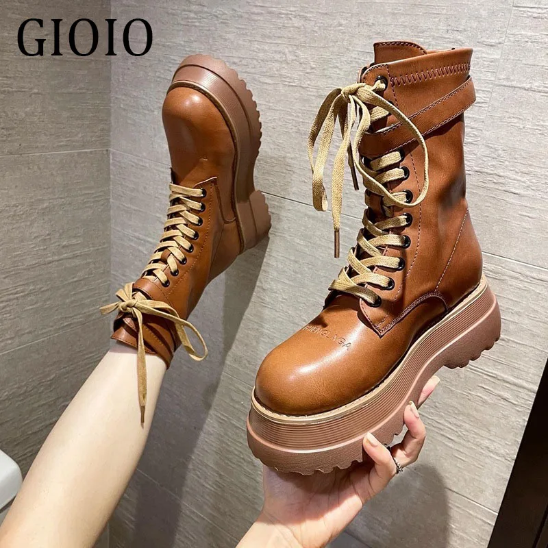 

Gioio Women's Martin Boots Genuine Leather 2021 New Autumn Lace-up Motorcycle Boots Ladies British Style Women's Ankle Boots