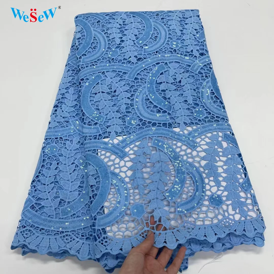 

Небесно-Голубой шёлковый Кружевная Ткань 5 ярдов, высококачественное гипюровое кружево вышивка, африканские кружевные ткани с блестками дл...