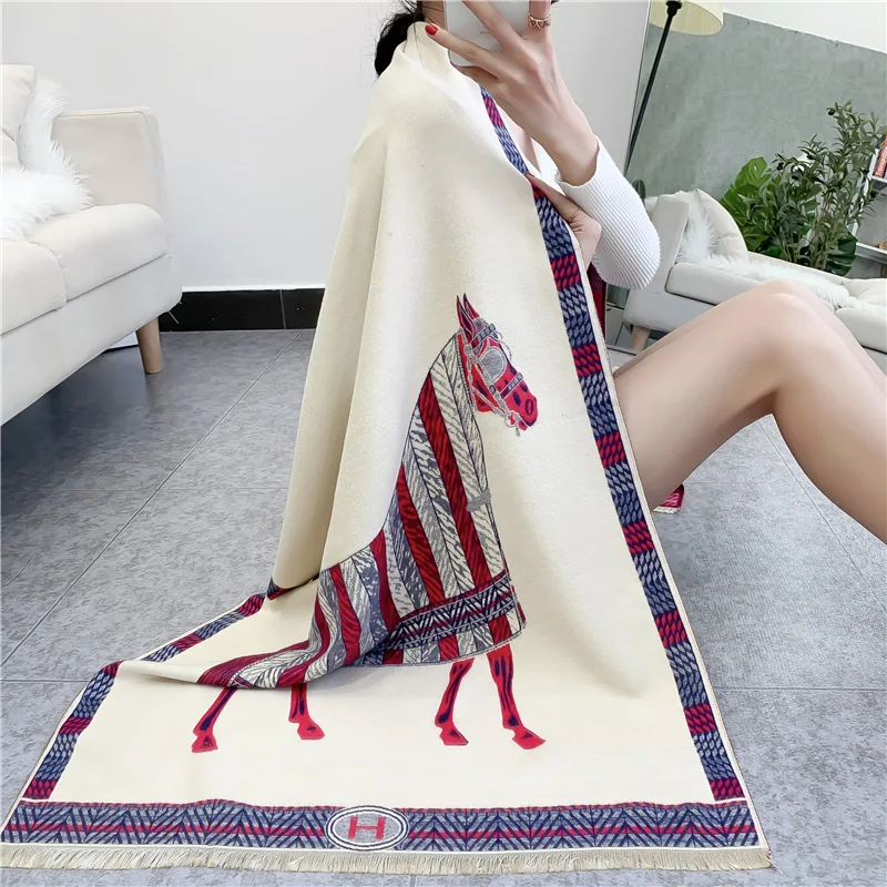 

2021 Steed Print Cashmere Shawl Scarf for Women Winter Thick Warm Scarves with Short Tassel Luxury Female Shawl Wraps Foulard