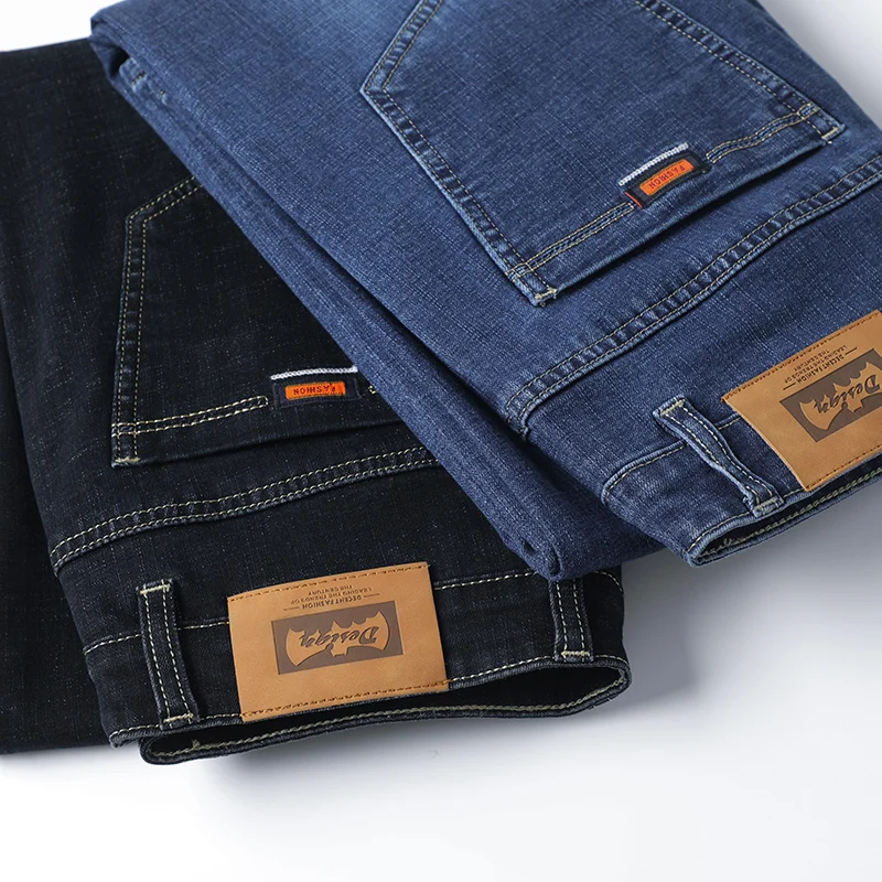 

SHAN BAO Men's Fitted Straight Jeans Classic Embroidery 2021 Spring Brand Clothing High Quality Cotton Stretch Denim Jeans