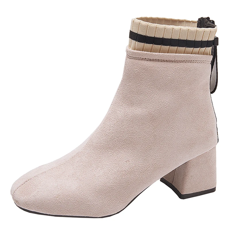 

Thick with women's boots 2019 autumn new square head thick with casual Martin boots Korean wild suede 7 cm booties High heels