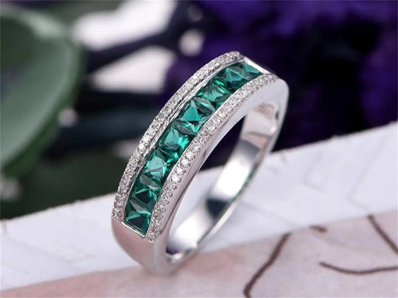 

Wedding cross-border gift fashion jewelry platinum - plated emerald zircon ring for women