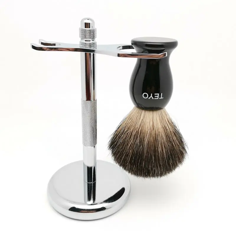 TEYO Black Badger Hair Shaving Brush and Shaving Stand Set Perfect for Wet Shave Soap Beard Brush Razor