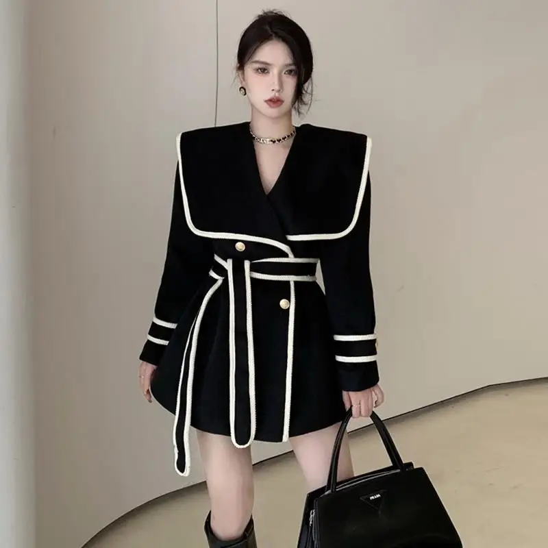 

Новое корейское модное темпераментное универсальное тёмно-синее шерстяное пальто с воротником, ветровка на осень и зиму