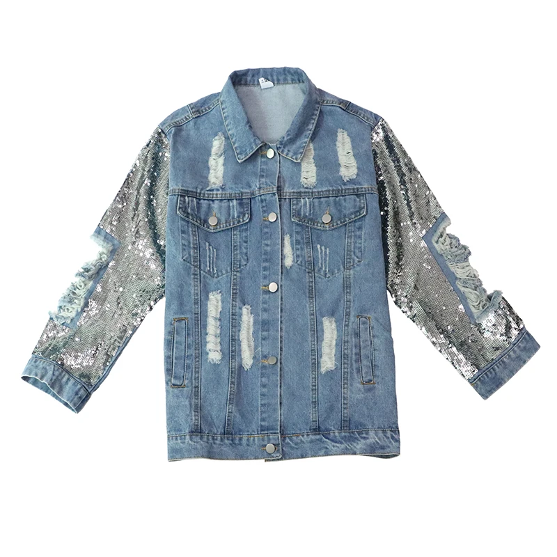 

Thailand Tide brand 2019 autumn new sequins long-sleeved denim jacket female loose large size grinding hole casual shirt