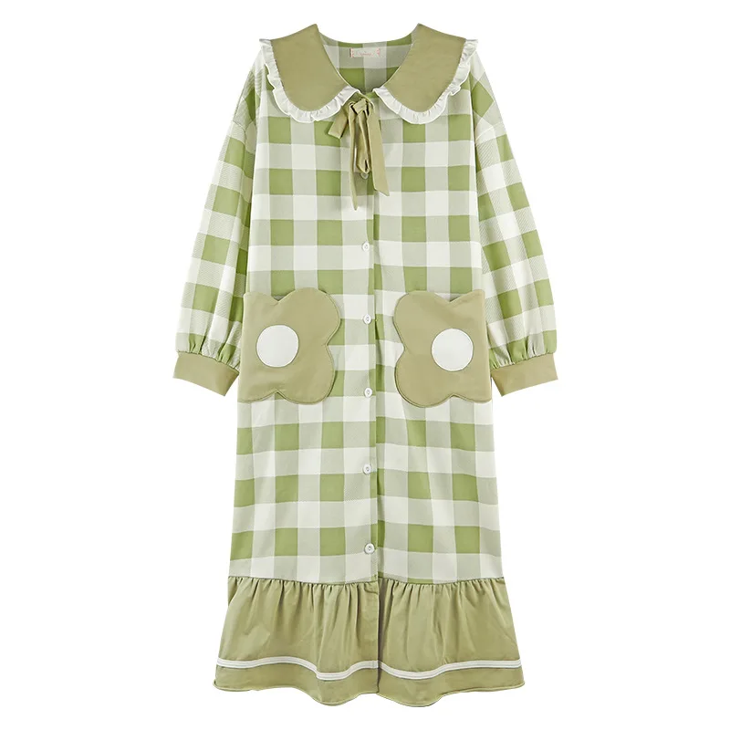 

Sweet Teen Girls Plaid Nightdress Cute Ruffles Womens Cardigan Robes Nightgowns Cartoon Sleepwear Plus Size Long Sleeve Green