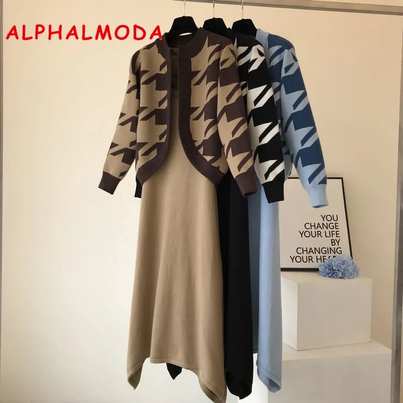 Женский трикотажный костюм ALPHALMODA элегантный кардиган из твида и платье на