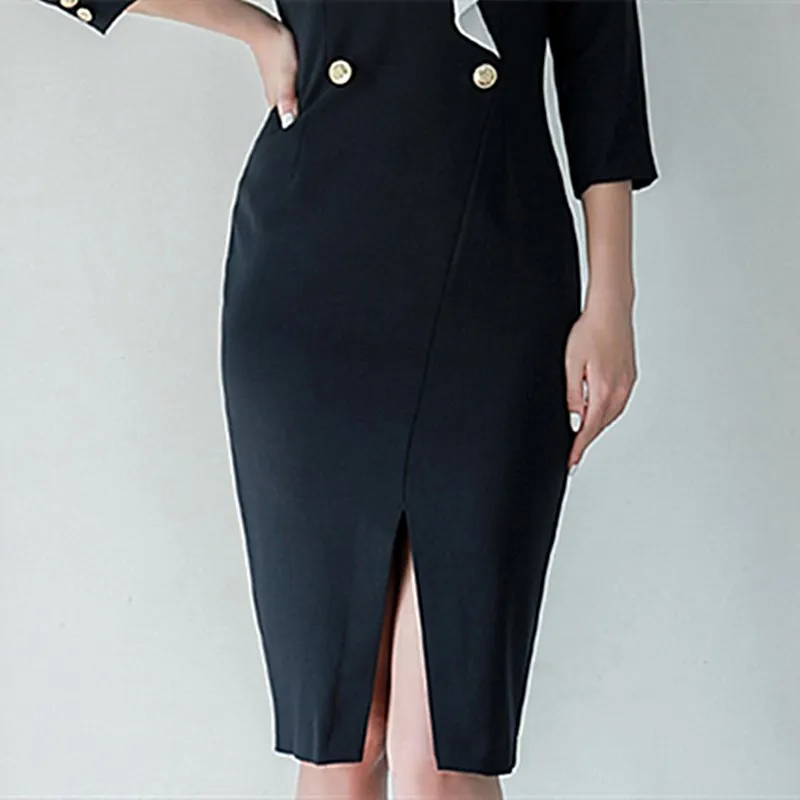 

Temperament V-Neck Three Quarter Sleeve Knee-Length Dress Ruffles Solid Slim Bodycon Dress Office Lady Work Dresses 2020 Autumn