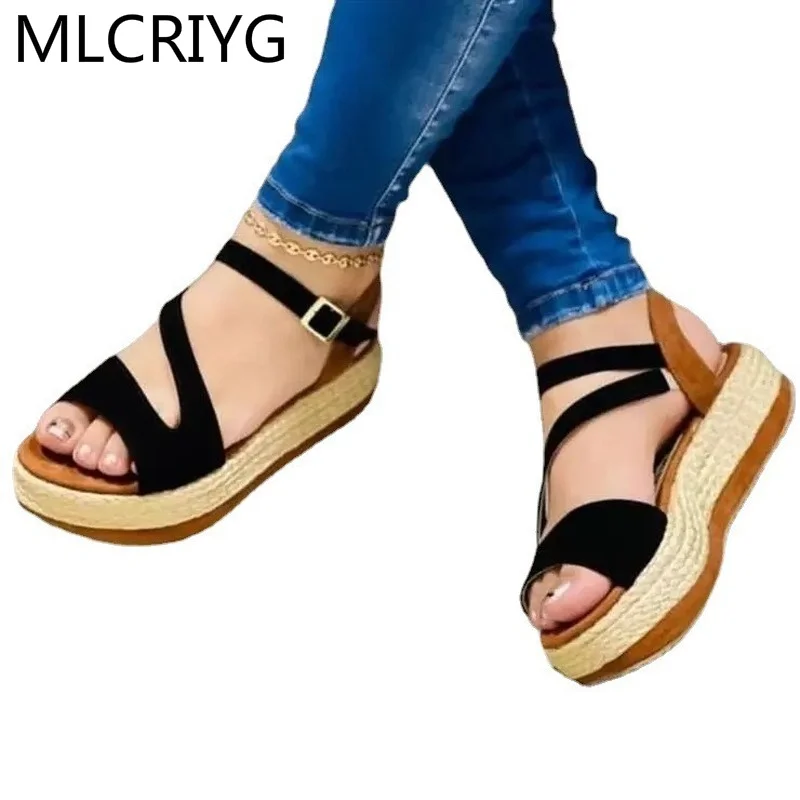 

2021 Women's Summer Flip-Flops Fish Mouth Open Toe Women Sandals Round Toe Buckle Casual Sandals Wedge Sandals Large Size 35-43